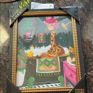 Giraffe Bath Art Print - Black and Gold Frame